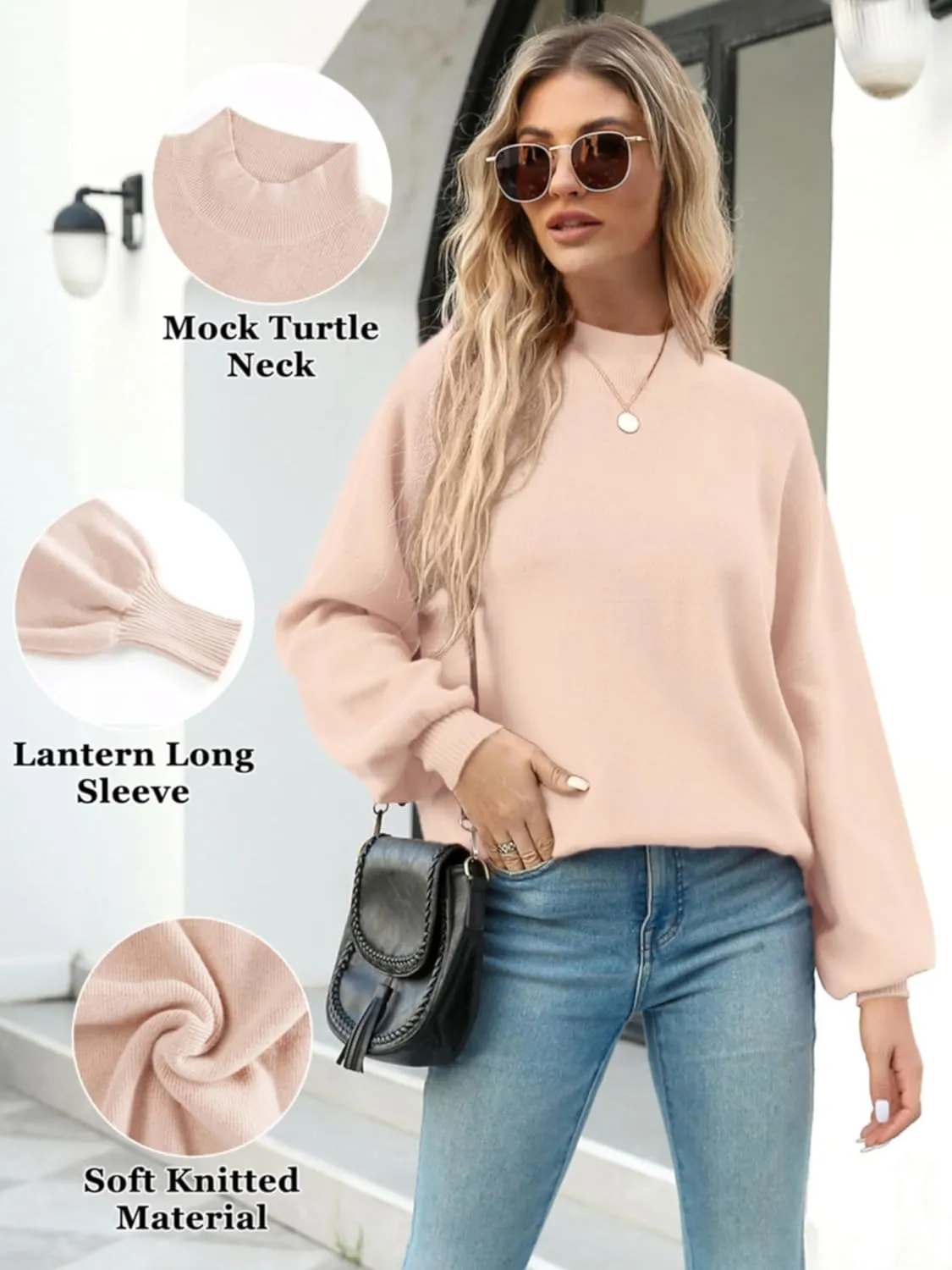 Women's 2024 Fall Fashion Mock Neck Long Lantern Sleeve Oversized Sweaters Loose Knit Pullover Sweater Tops