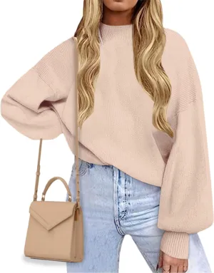 Women's 2024 Fall Fashion Mock Neck Long Lantern Sleeve Oversized Sweaters Loose Knit Pullover Sweater Tops