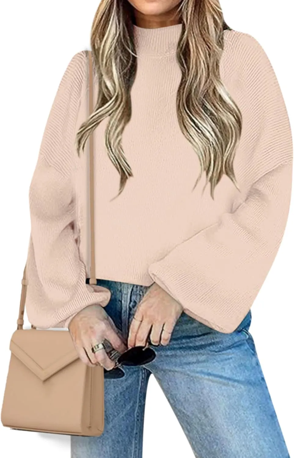 Women's 2024 Fall Fashion Mock Neck Long Lantern Sleeve Oversized Sweaters Loose Knit Pullover Sweater Tops