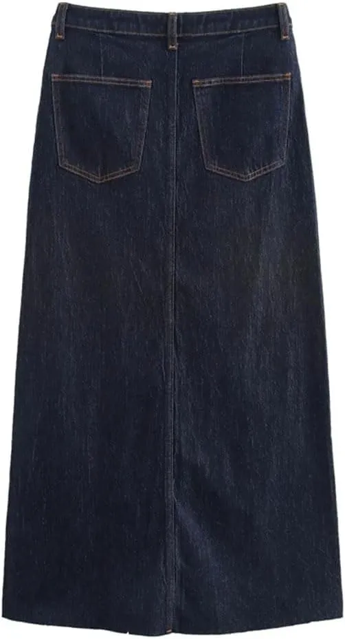 Women's 2025 Summer Mid-Length Denim Skirt High Waist Commuting Button Pockets Midi Skirt