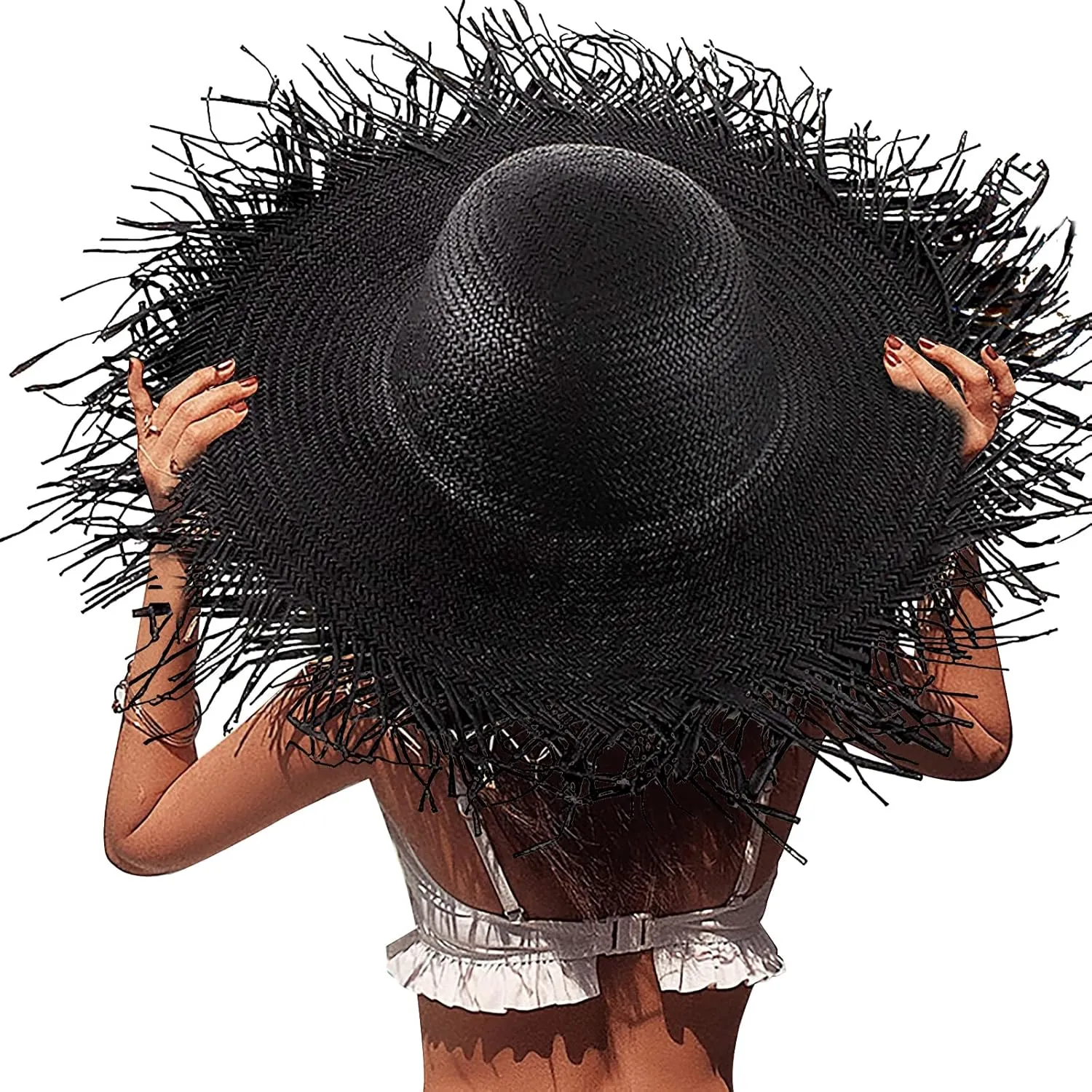 Womens Beach Straw Hat Summer Frayed Straw Bucket Sun Hats Floppy Wide Brim Beach Straw Bucket Hat Raffia UV Protection Hat