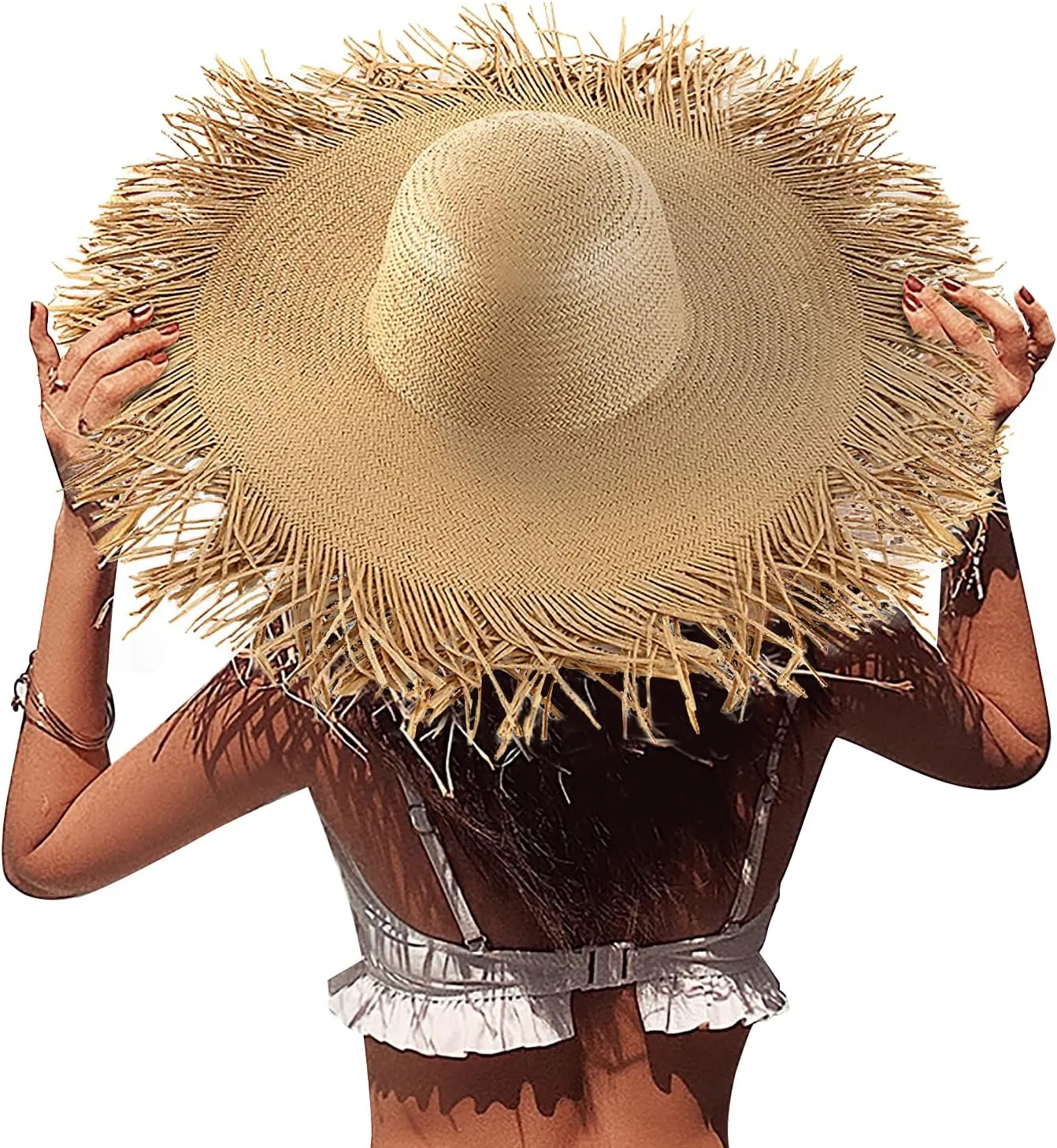 Womens Beach Straw Hat Summer Frayed Straw Bucket Sun Hats Floppy Wide Brim Beach Straw Bucket Hat Raffia UV Protection Hat