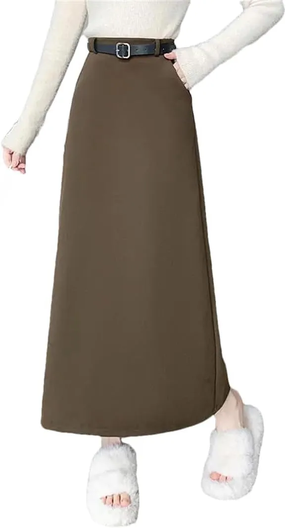 Women's Belted Maxi Skirt High Waist A Line Pocket Office Slit Long Skirt