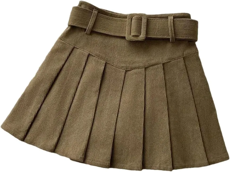 Womens Belted Pleated Skirt Corduroy Mini Skirt with Belt