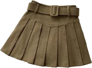 Womens Belted Pleated Skirt Corduroy Mini Skirt with Belt