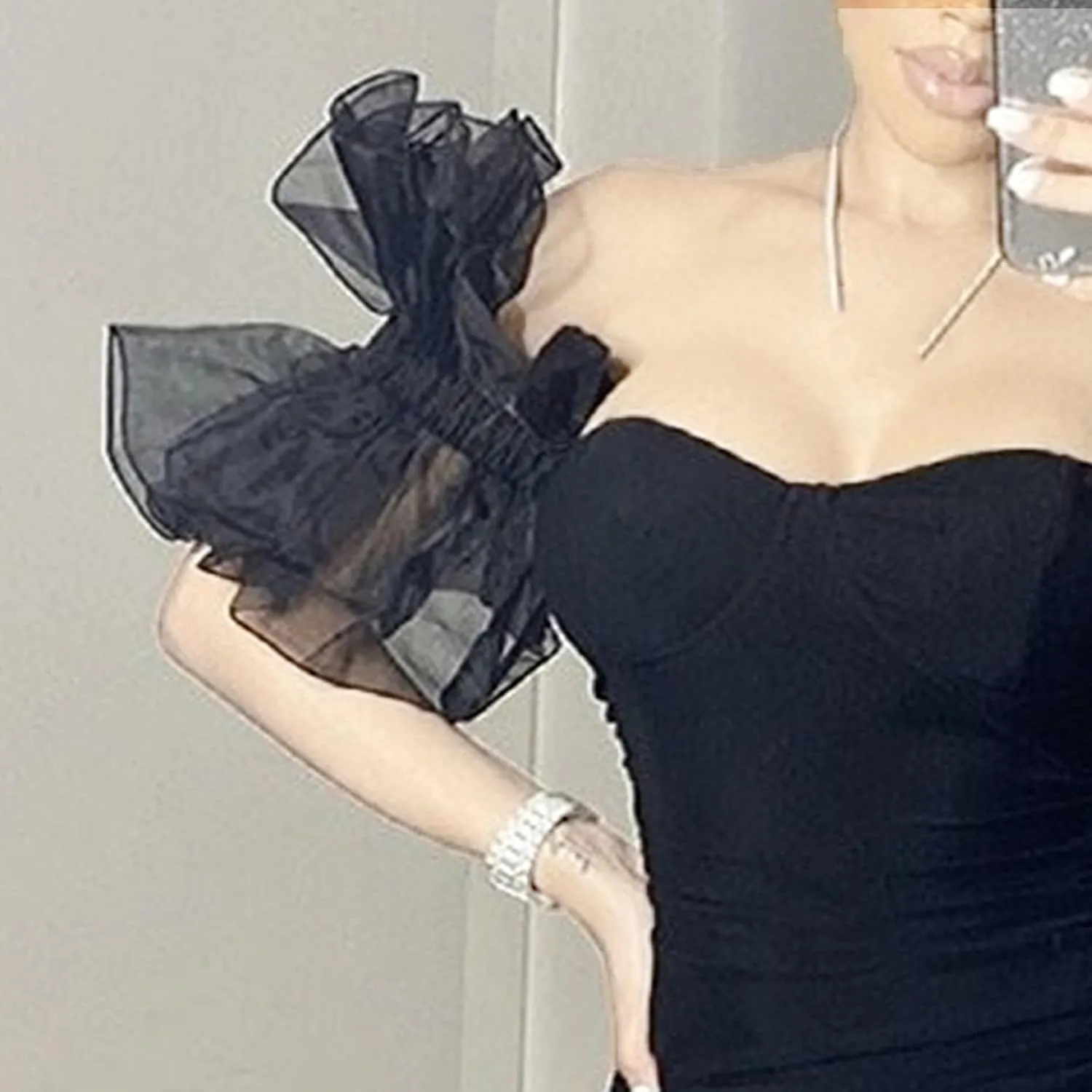 Women's Bodycon Tube Top Cocktail Party Dress Slim Fit Ruched Stylish Mini Dress Mesh Short Sleeve Prom Dresses