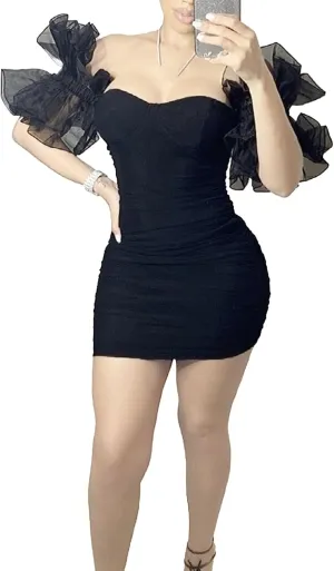 Women's Bodycon Tube Top Cocktail Party Dress Slim Fit Ruched Stylish Mini Dress Mesh Short Sleeve Prom Dresses