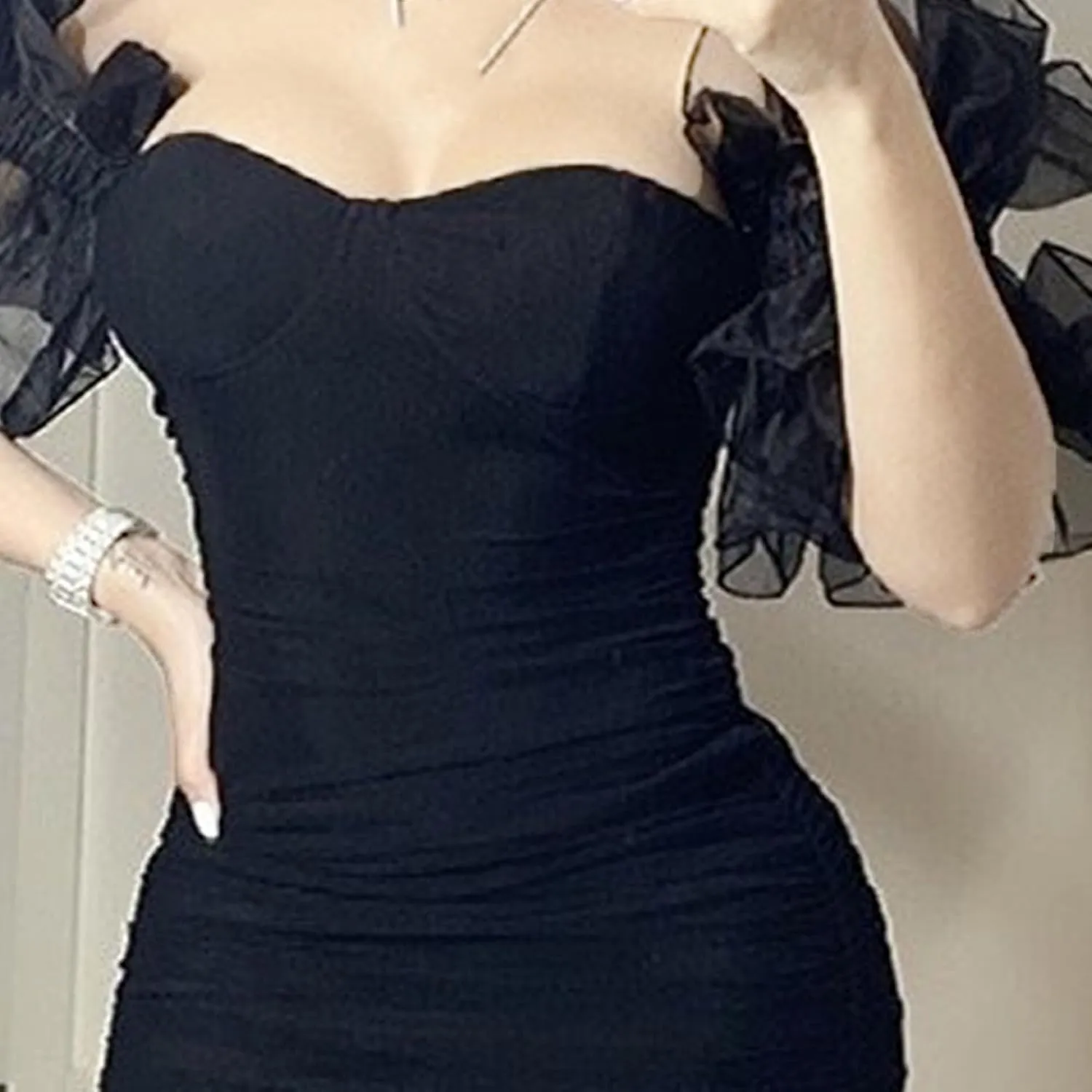 Women's Bodycon Tube Top Cocktail Party Dress Slim Fit Ruched Stylish Mini Dress Mesh Short Sleeve Prom Dresses