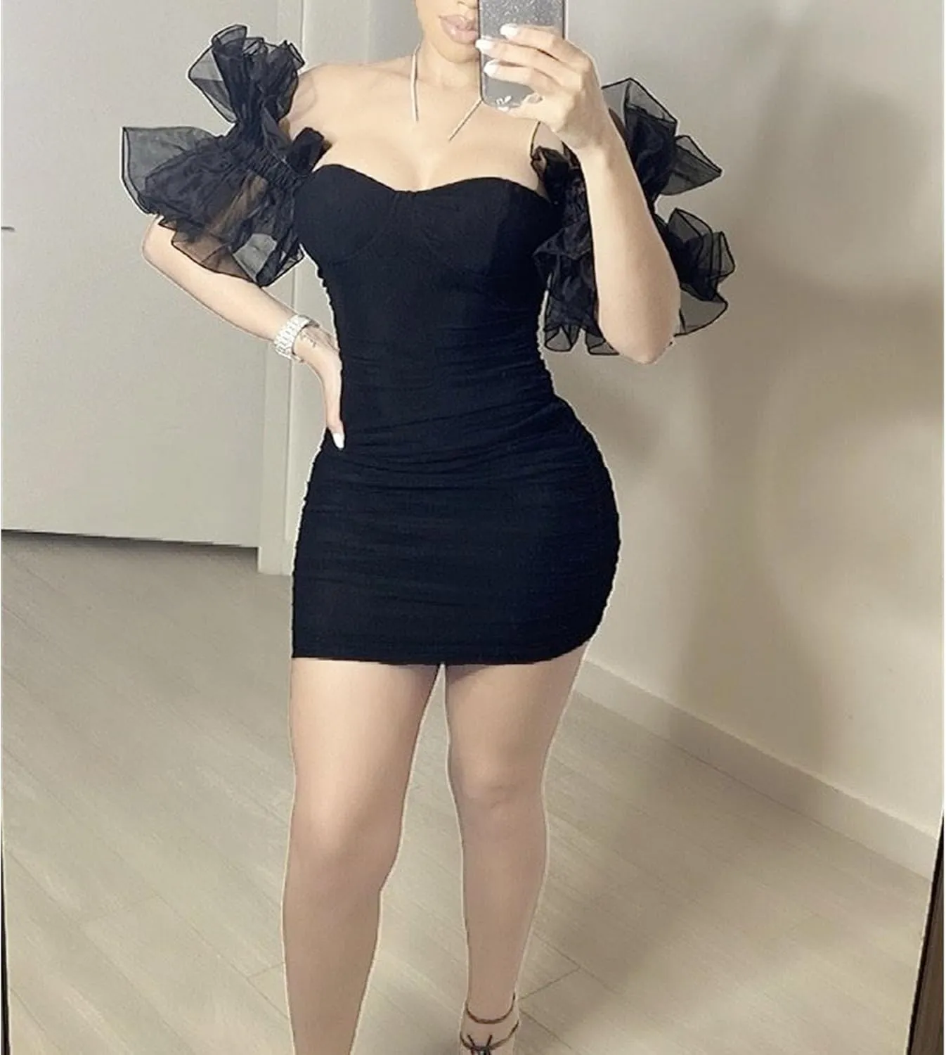 Women's Bodycon Tube Top Cocktail Party Dress Slim Fit Ruched Stylish Mini Dress Mesh Short Sleeve Prom Dresses