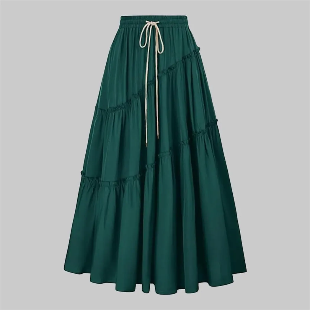 Women's Bohemian Style Skirts High Waist Pleated A Line Long Skirt with Drawstring Large Swing Folded Half Skirt