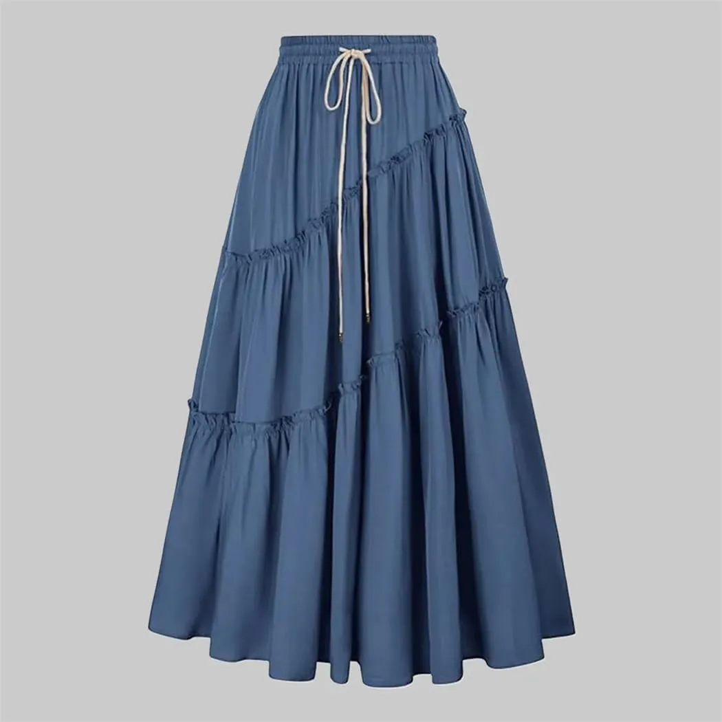 Women's Bohemian Style Skirts High Waist Pleated A Line Long Skirt with Drawstring Large Swing Folded Half Skirt