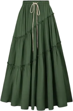 Women's Bohemian Style Skirts High Waist Pleated A Line Long Skirt with Drawstring Large Swing Folded Half Skirt