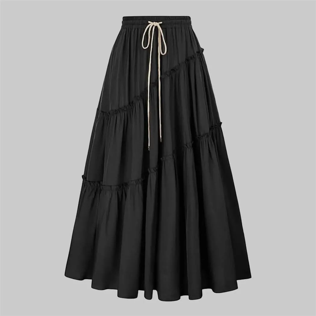 Women's Bohemian Style Skirts High Waist Pleated A Line Long Skirt with Drawstring Large Swing Folded Half Skirt