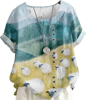 Womens Boho Floral Linen Shirts Casual Summer Short Sleeve Crewneck Button Blouses Loose Fit Graphic Tunic Tops