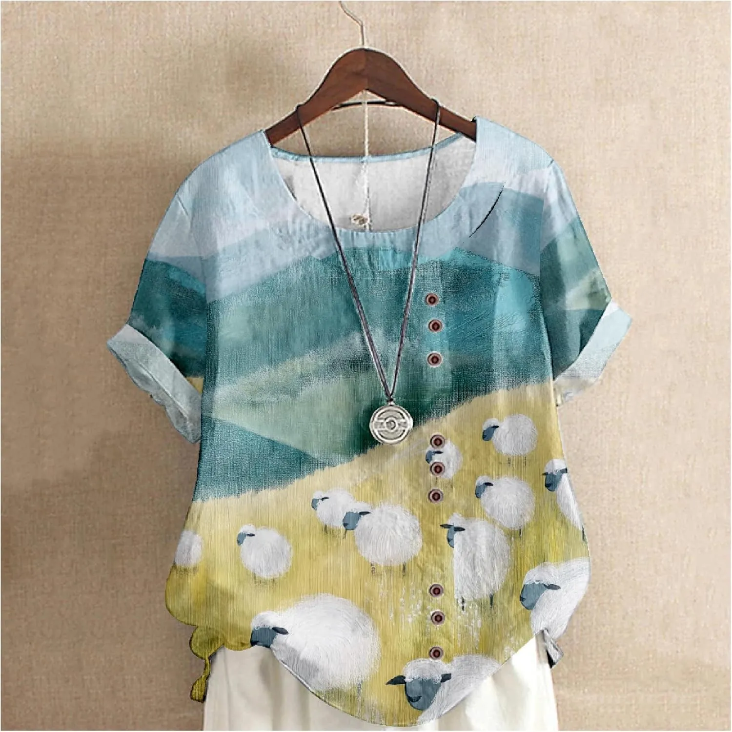 Womens Boho Floral Linen Shirts Casual Summer Short Sleeve Crewneck Button Blouses Loose Fit Graphic Tunic Tops