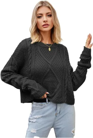 Womens Cable Knit Sweaters Fall Winter Ribbed Knit Chunky Long Sleeve Pullovers Solid Color Crewneck Crop Top