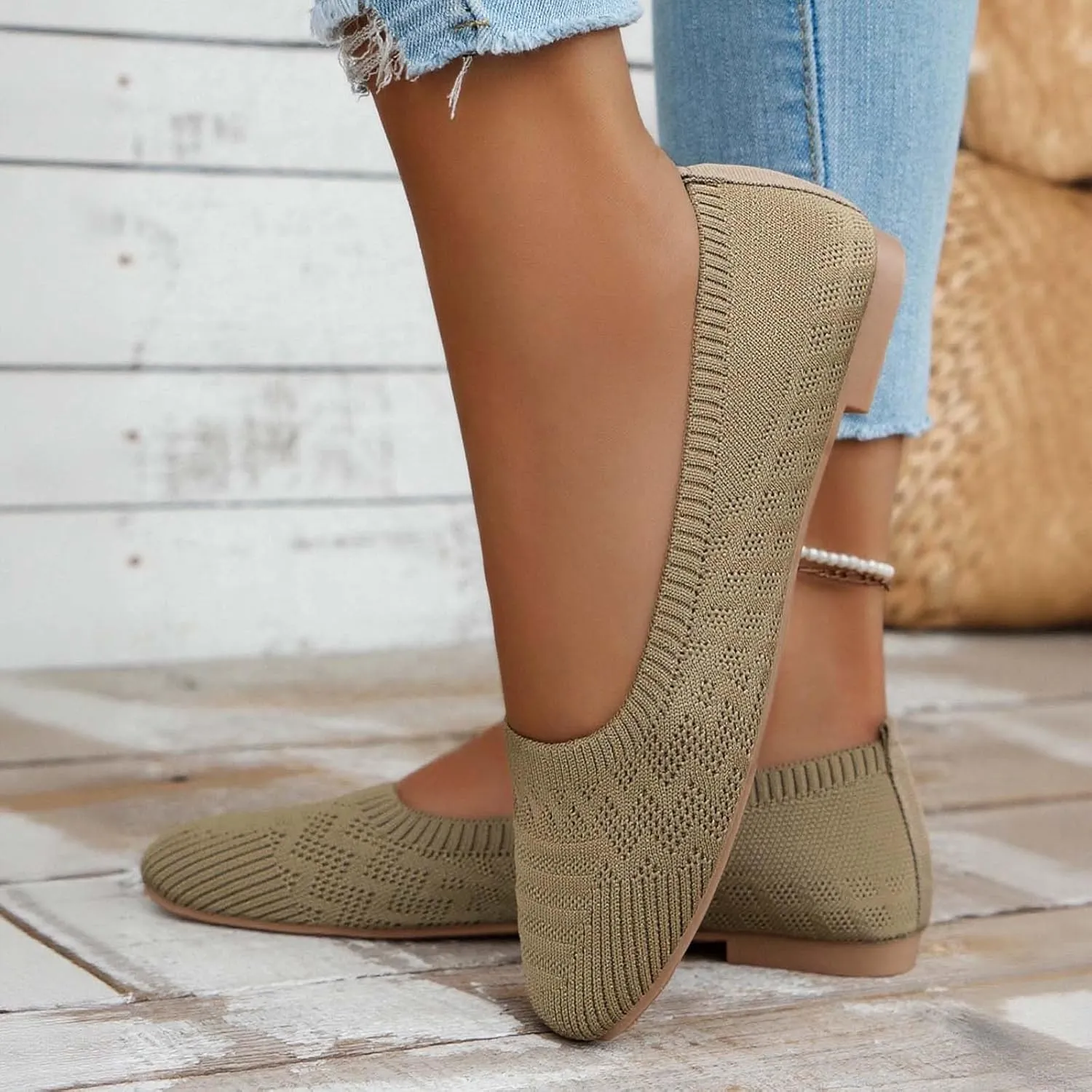 Women's Casual Flat Shoes Breathable Knit Slip On Comfortable Ballet for Daily Wear Spring Summer
