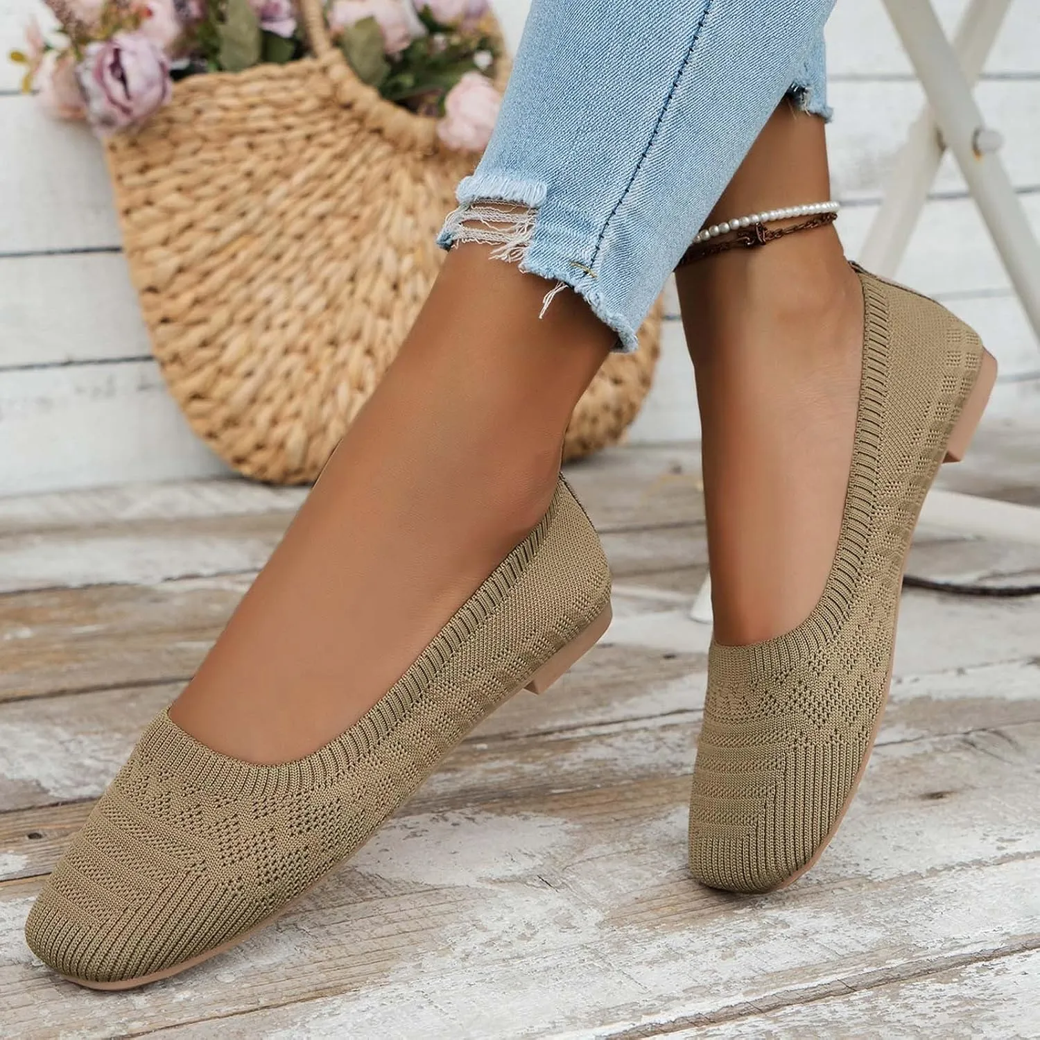Women's Casual Flat Shoes Breathable Knit Slip On Comfortable Ballet for Daily Wear Spring Summer
