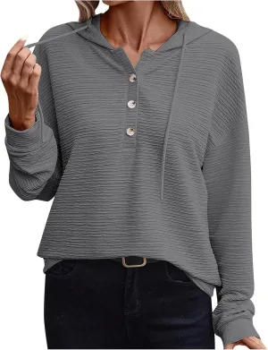 Women's Casual Hoodies Long Sleeve Solid Color Lightweight Pullover Tops Loose Sweatshirt Pleated Drawstring Shirts