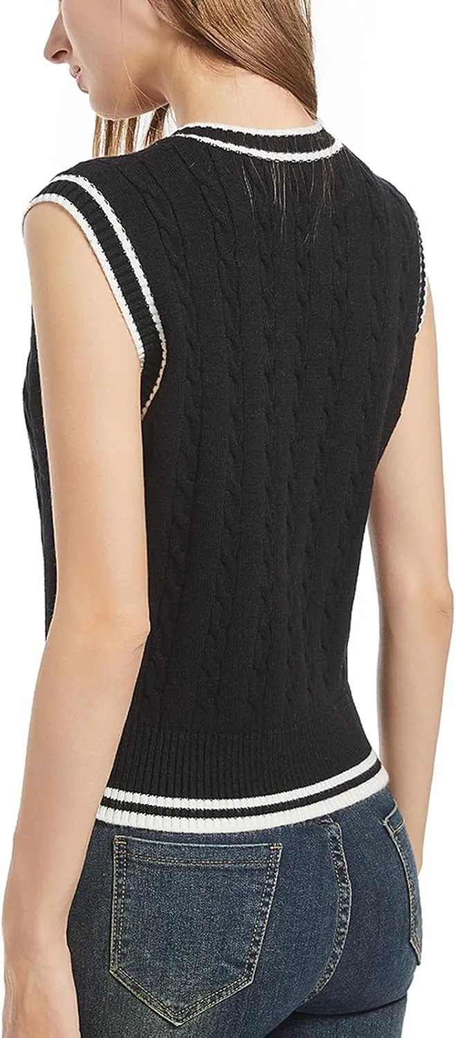 Women's Casual V Neck Cable Knit Sweater Vest Solid Sleeveless Tank Tops Women Vest