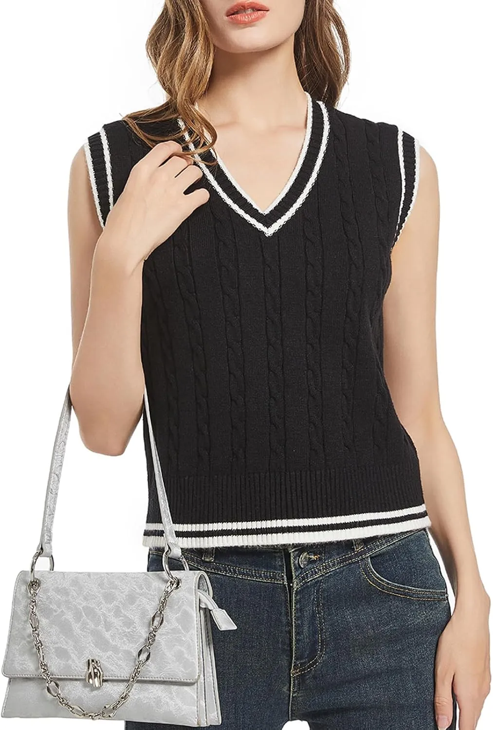 Women's Casual V Neck Cable Knit Sweater Vest Solid Sleeveless Tank Tops Women Vest