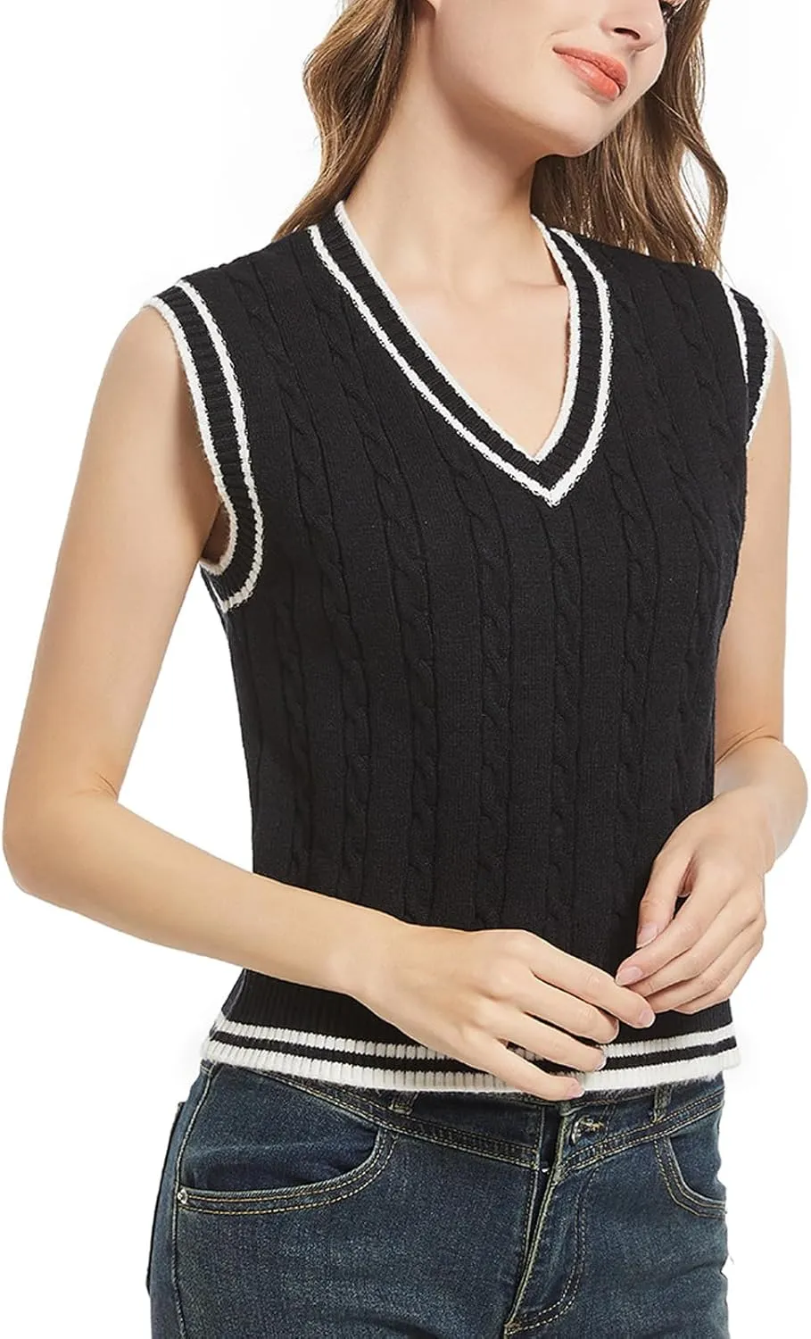 Women's Casual V Neck Cable Knit Sweater Vest Solid Sleeveless Tank Tops Women Vest