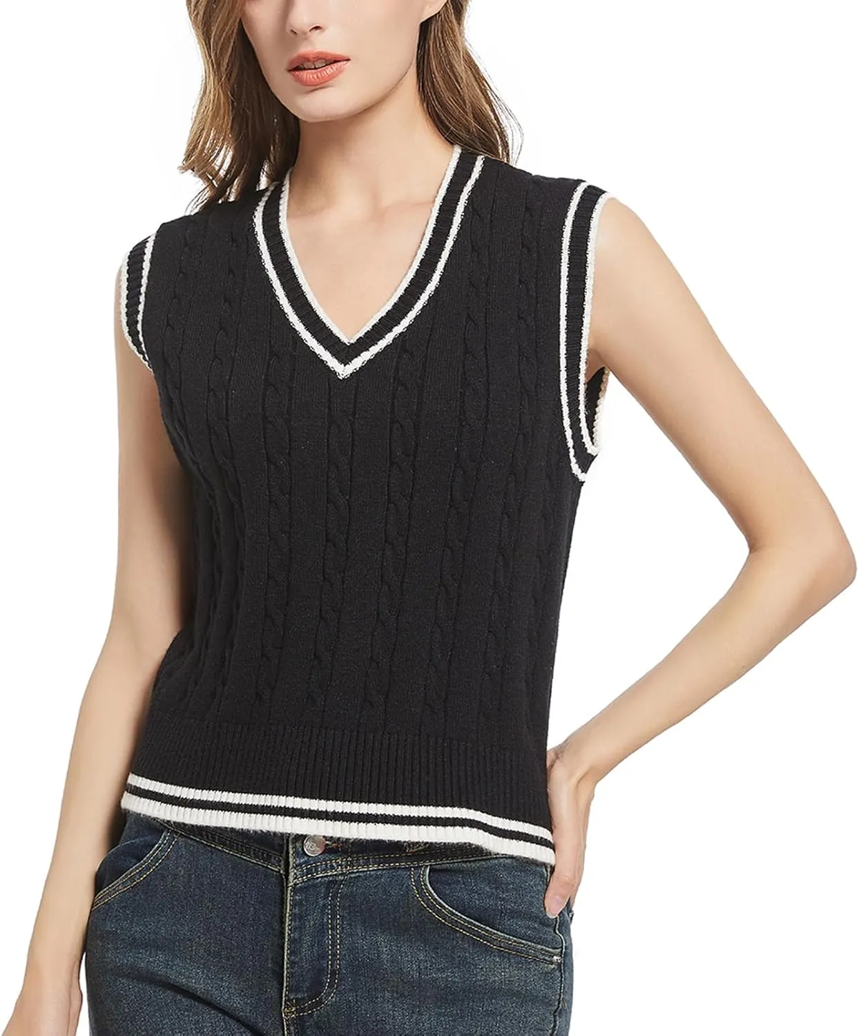 Women's Casual V Neck Cable Knit Sweater Vest Solid Sleeveless Tank Tops Women Vest