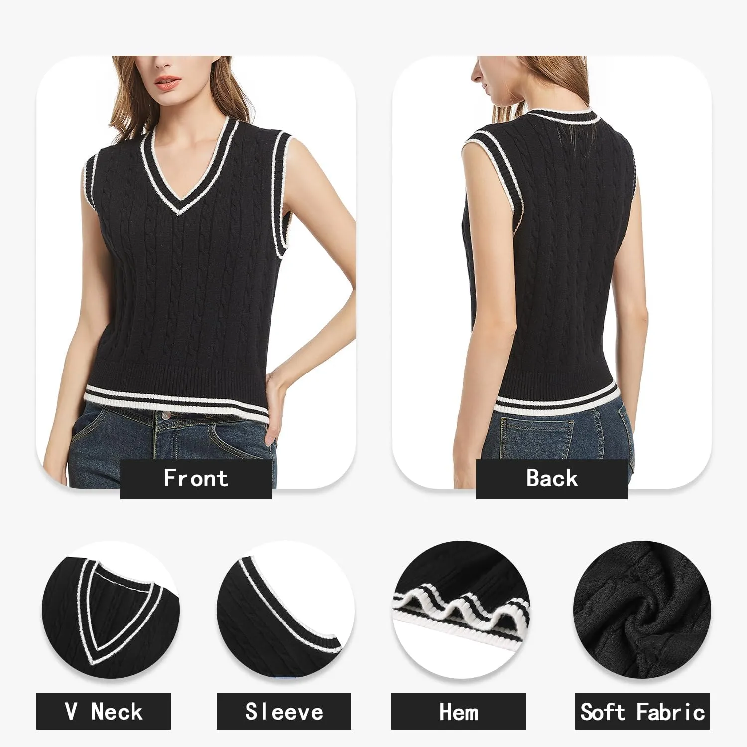 Women's Casual V Neck Cable Knit Sweater Vest Solid Sleeveless Tank Tops Women Vest