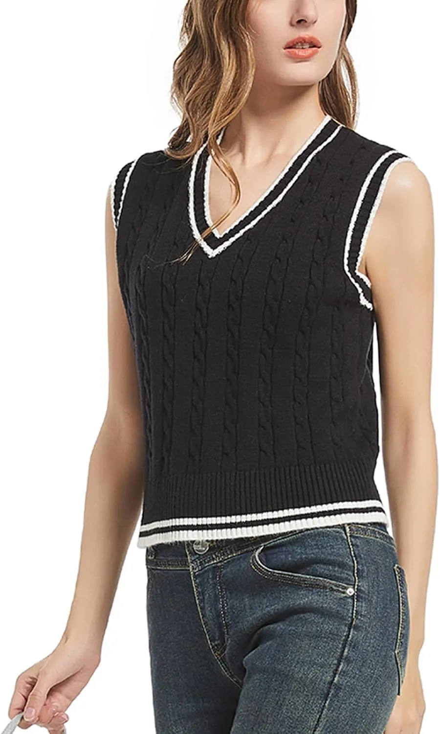 Women's Casual V Neck Cable Knit Sweater Vest Solid Sleeveless Tank Tops Women Vest