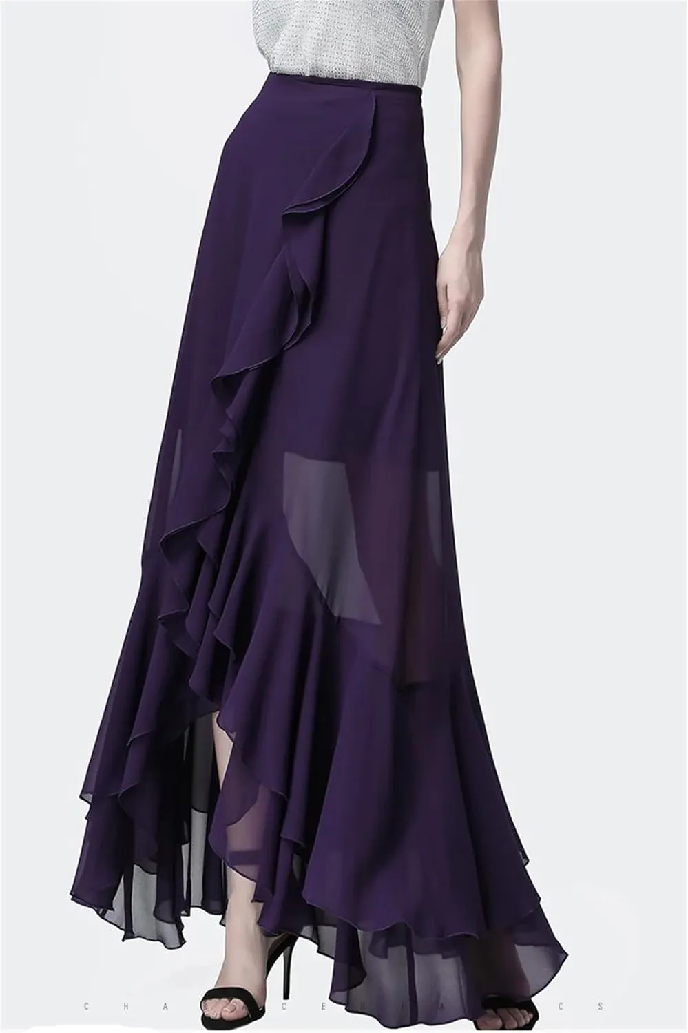 Womens Chiffon Maxi Skirt High Waist A-Line Slim Draped Irregular Ruffles Plus Long Skirts