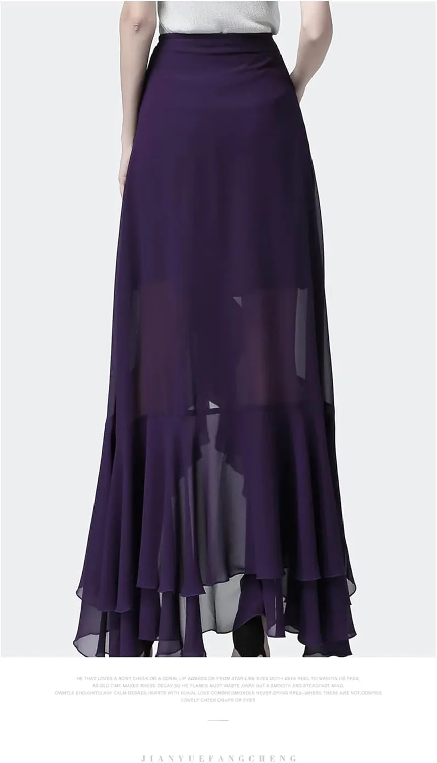 Womens Chiffon Maxi Skirt High Waist A-Line Slim Draped Irregular Ruffles Plus Long Skirts