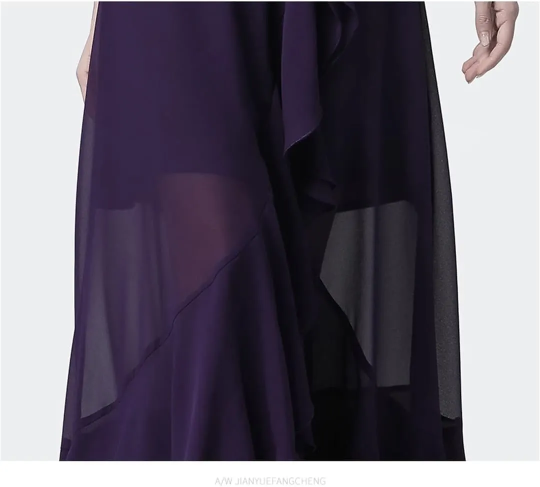 Womens Chiffon Maxi Skirt High Waist A-Line Slim Draped Irregular Ruffles Plus Long Skirts