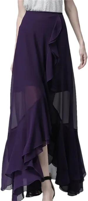 Womens Chiffon Maxi Skirt High Waist A-Line Slim Draped Irregular Ruffles Plus Long Skirts