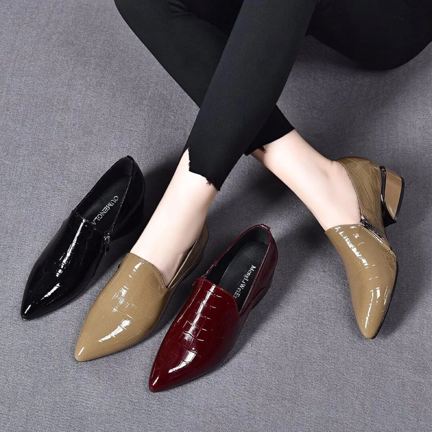Women's Classic Leather Chunky Mid Heels Slip-on Pumps Elegant Closed Pointed Toe Casual Dress Loafers Office Formal Business High Heels.