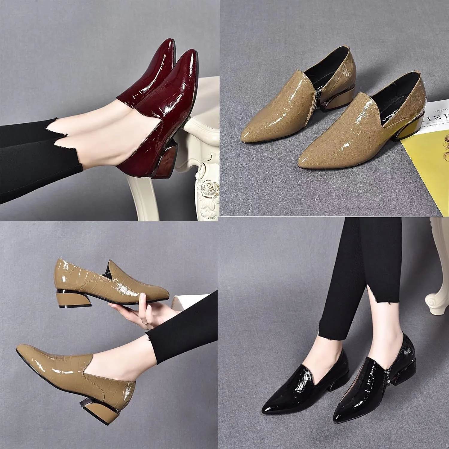 Women's Classic Leather Chunky Mid Heels Slip-on Pumps Elegant Closed Pointed Toe Casual Dress Loafers Office Formal Business High Heels.