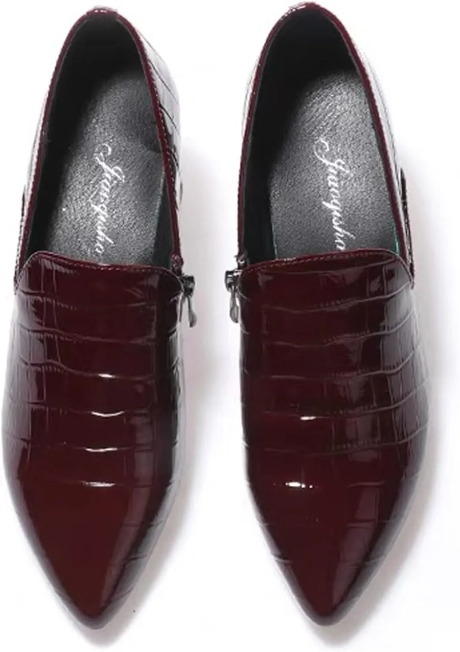 Women's Classic Leather Chunky Mid Heels Slip-on Pumps Elegant Closed Pointed Toe Casual Dress Loafers Office Formal Business High Heels.