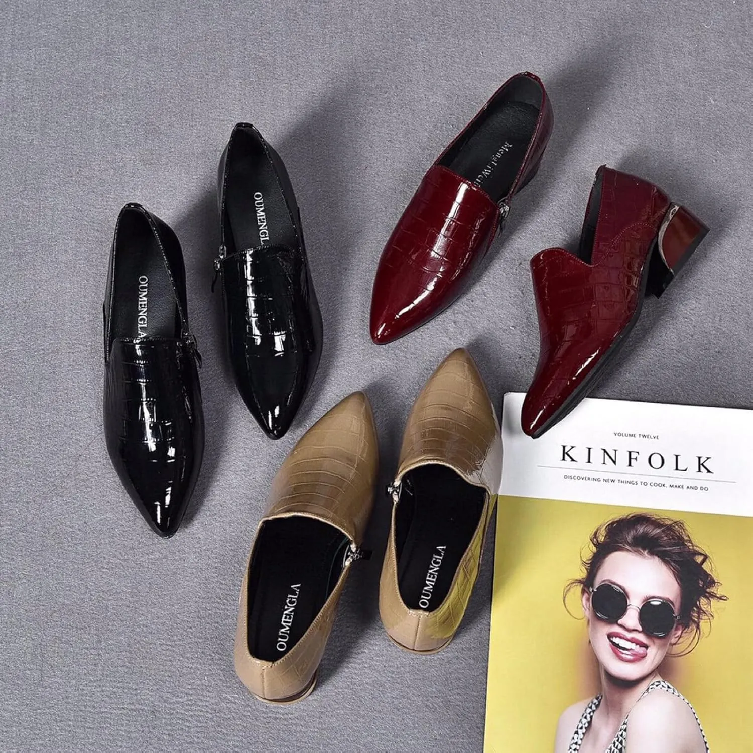 Women's Classic Leather Chunky Mid Heels Slip-on Pumps Elegant Closed Pointed Toe Casual Dress Loafers Office Formal Business High Heels.
