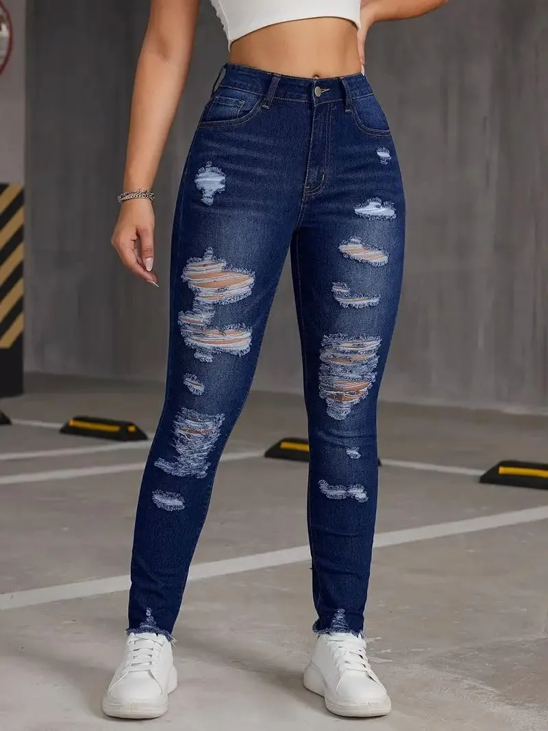 Womens Classic Sexy High Waisted Solid Color Skinny Stretch Butt Lifting Jeans Cutout Slim Fit Denim Pants