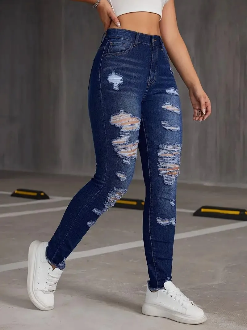 Womens Classic Sexy High Waisted Solid Color Skinny Stretch Butt Lifting Jeans Cutout Slim Fit Denim Pants