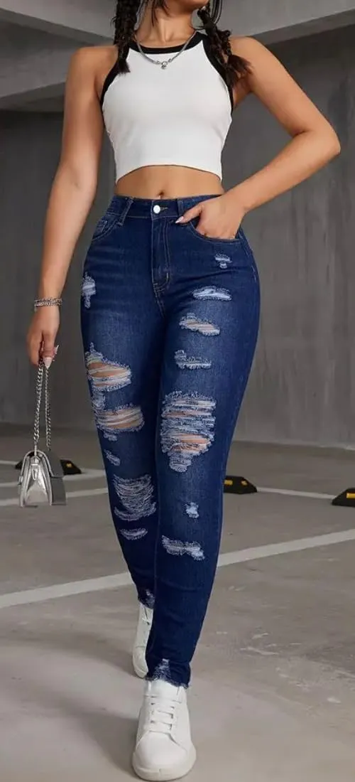 Womens Classic Sexy High Waisted Solid Color Skinny Stretch Butt Lifting Jeans Cutout Slim Fit Denim Pants