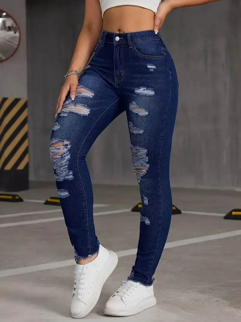 Womens Classic Sexy High Waisted Solid Color Skinny Stretch Butt Lifting Jeans Cutout Slim Fit Denim Pants