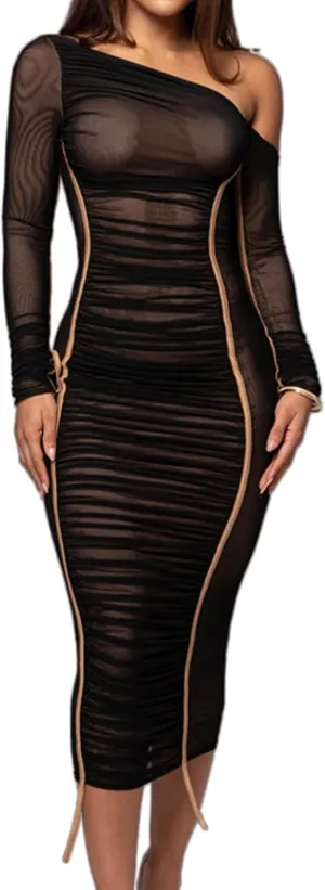 Women's Cocktail Bodycon Long Sleeve Off Shoulder Mesh Ruched Midi Party Dress
