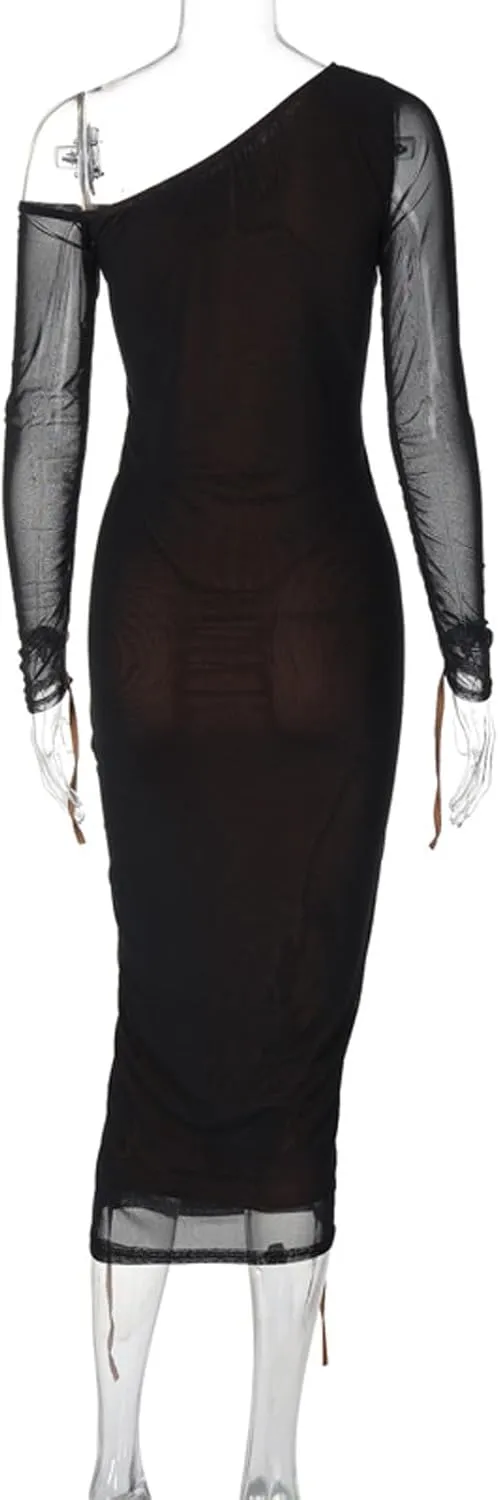 Women's Cocktail Bodycon Long Sleeve Off Shoulder Mesh Ruched Midi Party Dress