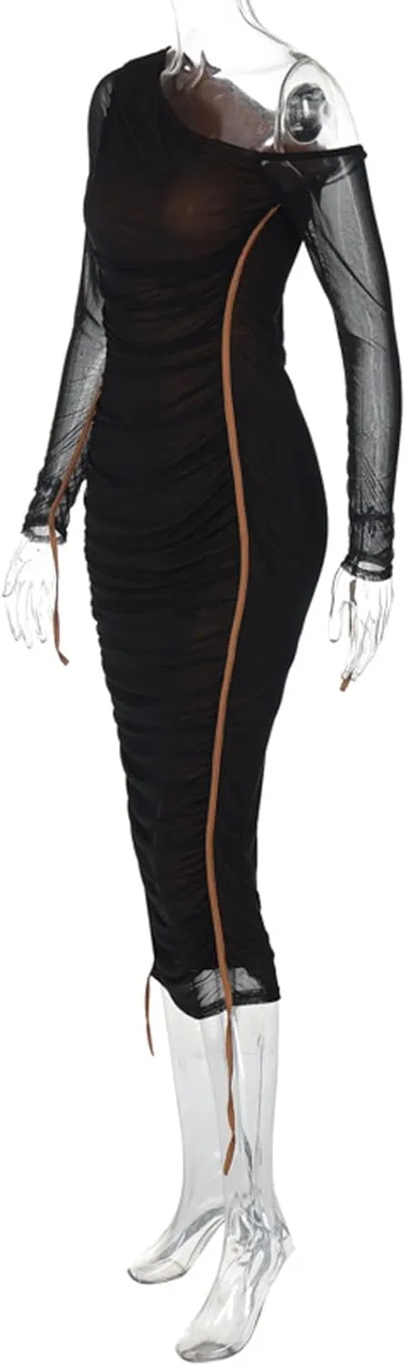 Women's Cocktail Bodycon Long Sleeve Off Shoulder Mesh Ruched Midi Party Dress