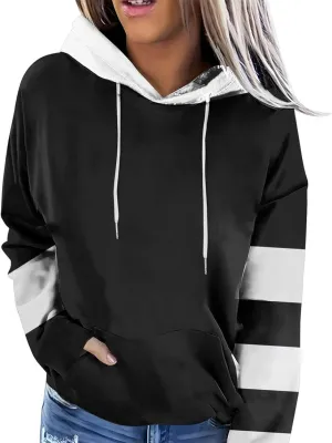 Women's Color Block Hoodie Sweatshirt Casual Long Sleeve Drawstring Jacket Sweater with Pockets Loose Fit Fall Coat
