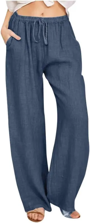 Women's Cotton Linen Casual Pants Summer Elastic High Waist Palazzo Trousers Loose Comfy Beach Trousers Sweatpants