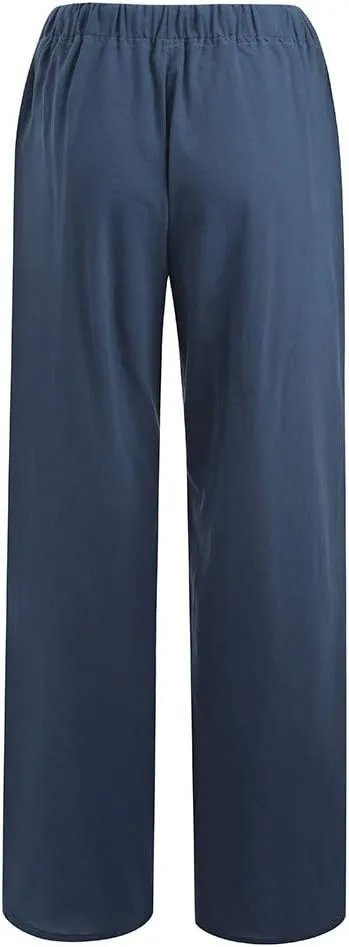 Women's Cotton Linen Casual Pants Summer Elastic High Waist Palazzo Trousers Loose Comfy Beach Trousers Sweatpants
