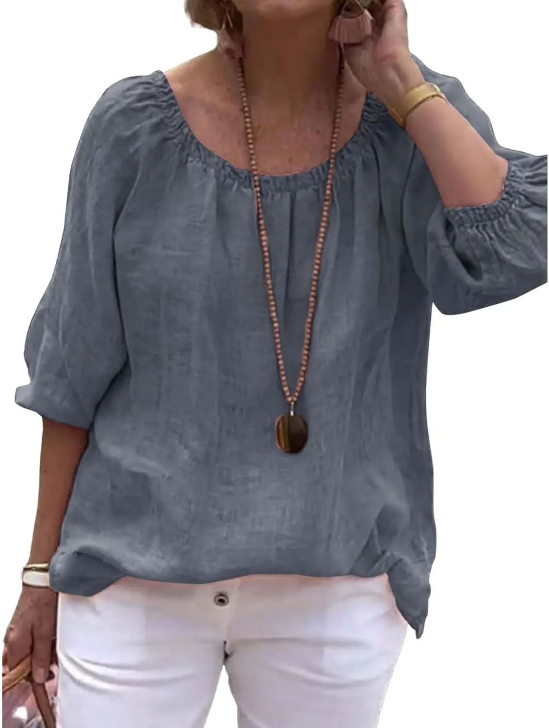 Womens Cotton Linen Pleated Crew Neck Tops Casual Half Puff Sleeve Pullover Summer Trendy Loose Tunic Shirts