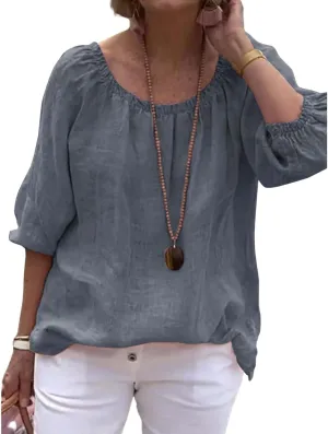 Womens Cotton Linen Pleated Crew Neck Tops Casual Half Puff Sleeve Pullover Summer Trendy Loose Tunic Shirts