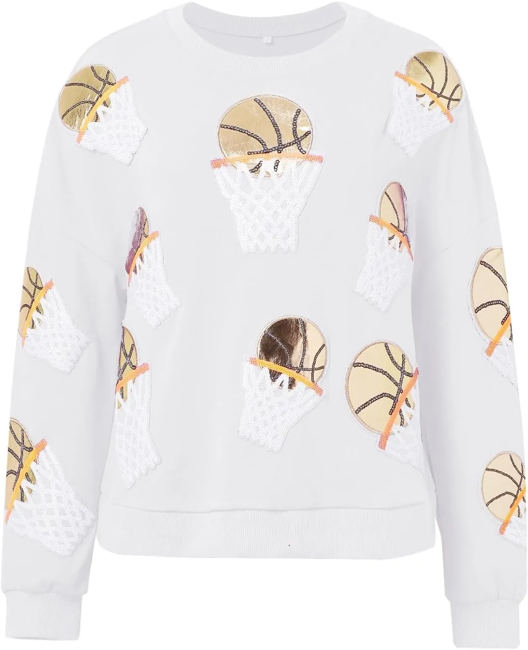 Womens Cropped Sweatshirt Sparkle Basketball Hoop Sequin Print Pullover Tops Crewneck Oversized Long Sleeve Jumpers